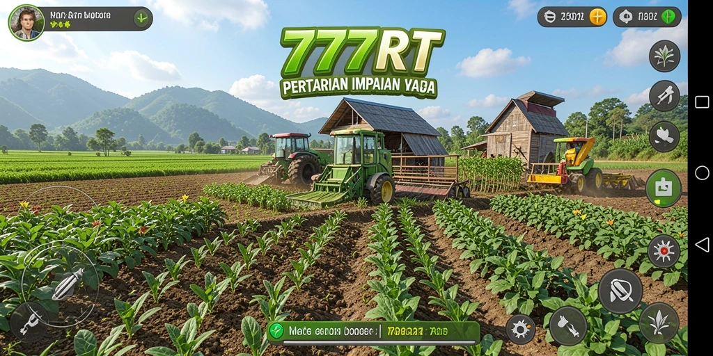Tampilan screenshot utama gameplay 777RT menampilkan pertanian yang subur dan berwarna.