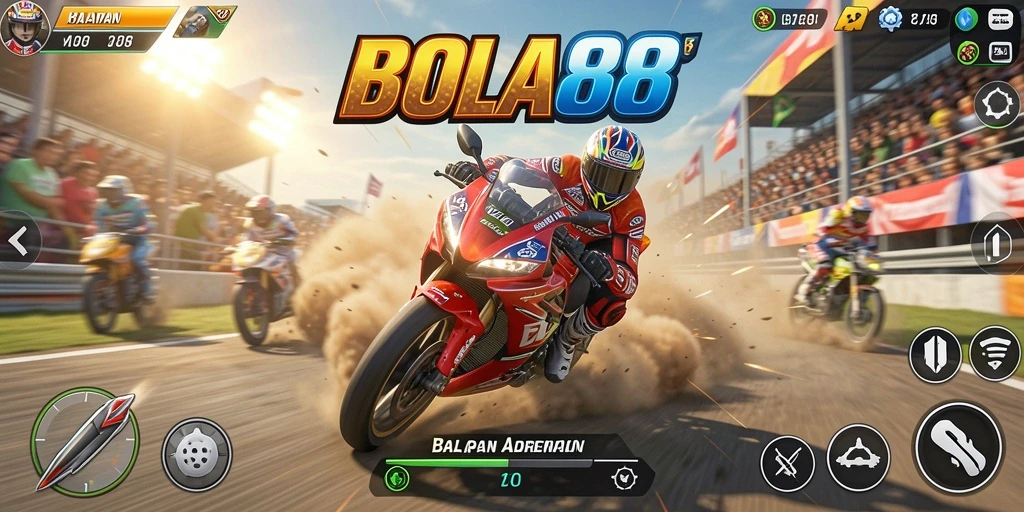 Gameplay seru BOLA88 dengan berbagai trek balapan motor.