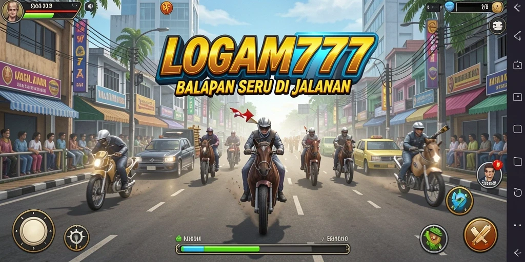 Tampilan menarik dari gameplay LOGAM777 dengan jalanan yang ramai dan mobil balap cepat.