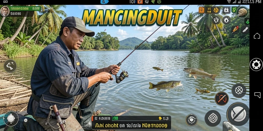 Screenshot menampilkan aksi seru menangkap ikan besar di MANCINGDUIT.