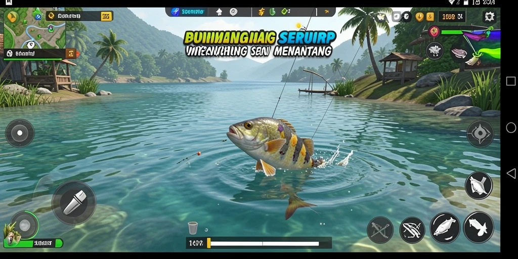 Screenshot SERURP menampilkan momen memancing yang mendebarkan dengan ikan besar di layar.